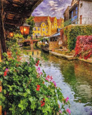 Renkli resim modern sanat eserleri, Avrupa 'nın ünlü sokak manzarası, eski güzel ev, desenli fırça darbeleri, tuval ya da kağıt poster tasarımı, turistik ürün