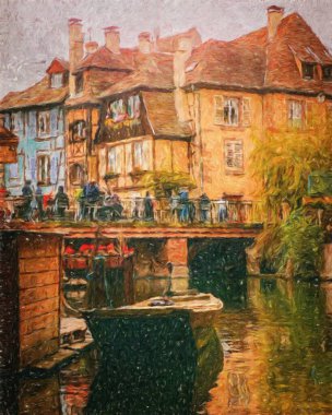 Renkli resim modern sanat eserleri, Avrupa 'nın ünlü sokak manzarası, eski güzel ev, desenli fırça darbeleri, tuval ya da kağıt poster tasarımı, turistik ürün