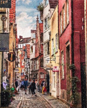 Renkli resim modern sanat eserleri, gerçek fırça darbeleri, yağlı Avrupa 'nın ünlü sokak manzarası, güzel eski antika evler, tuval veya kağıt poster için tasarım baskısı, turistik ürün