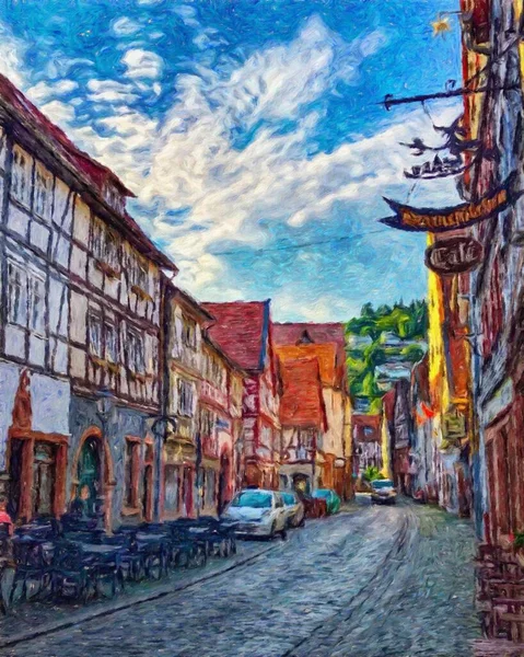 Renkli resim modern sanat eserleri, gerçek fırça darbeleri, yağlı Avrupa 'nın ünlü sokak manzarası, güzel eski antika evler, tuval veya kağıt poster için tasarım baskısı, turistik ürün