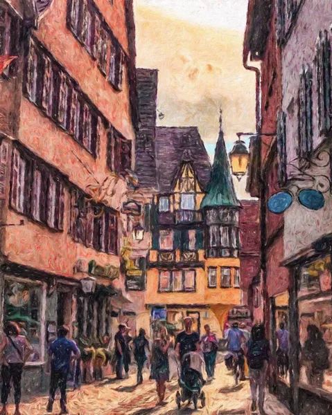 Renkli resim modern sanat eserleri, gerçek fırça darbeleri, yağlı Avrupa 'nın ünlü sokak manzarası, güzel eski antika evler, tuval veya kağıt poster için tasarım baskısı, turistik ürün
