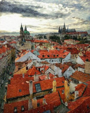 Modern sanat eserleri, Prag Çek Cumhuriyeti, petrol, Avrupa 'nın ünlü eski sokak manzarası, güzel eski antika evler, tuval ya da kağıt poster için tasarım baskısı, turistik üretim