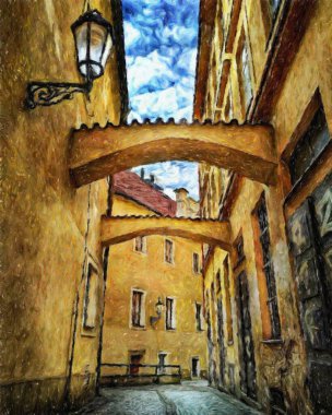 Modern sanat eserleri, Prag Çek Cumhuriyeti, petrol, Avrupa 'nın ünlü eski sokak manzarası, güzel eski antika evler, tuval ya da kağıt poster için tasarım baskısı, turistik üretim
