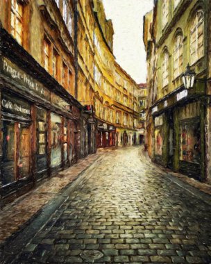 Modern sanat eserleri, Prag Çek Cumhuriyeti, petrol, Avrupa 'nın ünlü eski sokak manzarası, güzel eski antika evler, tuval ya da kağıt poster için tasarım baskısı, turistik üretim