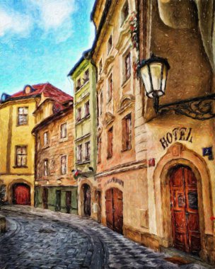Modern sanat eserleri, Prag Çek Cumhuriyeti, petrol, Avrupa 'nın ünlü eski sokak manzarası, güzel eski antika evler, tuval ya da kağıt poster için tasarım baskısı, turistik üretim