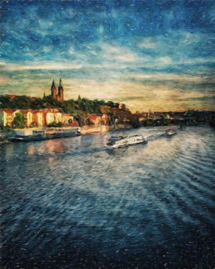 Modern sanat eserleri, Prag Çek Cumhuriyeti, petrol, Avrupa 'nın ünlü eski sokak manzarası, güzel eski antika evler, tuval ya da kağıt poster için tasarım baskısı, turistik üretim