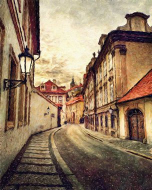 Modern sanat eserleri, Prag Çek Cumhuriyeti, petrol, Avrupa 'nın ünlü eski sokak manzarası, güzel eski antika evler, tuval ya da kağıt poster için tasarım baskısı, turistik üretim