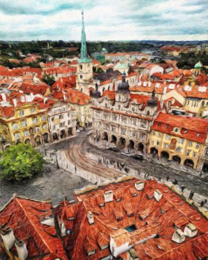 Modern sanat eserleri, Prag Çek Cumhuriyeti, petrol, Avrupa 'nın ünlü eski sokak manzarası, güzel eski antika evler, tuval ya da kağıt poster için tasarım baskısı, turistik üretim