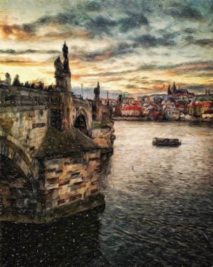 Modern sanat eserleri, Prag Çek Cumhuriyeti, petrol, Avrupa 'nın ünlü eski sokak manzarası, güzel eski antika evler, tuval ya da kağıt poster için tasarım baskısı, turistik üretim