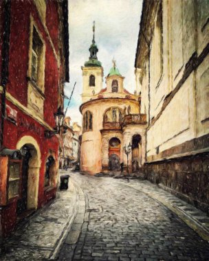 Modern sanat eserleri, Prag Çek Cumhuriyeti, petrol, Avrupa 'nın ünlü eski sokak manzarası, güzel eski antika evler, tuval ya da kağıt poster için tasarım baskısı, turistik üretim