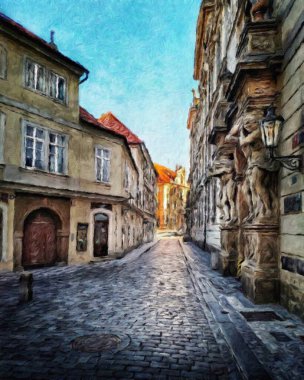 Modern sanat eserleri, Prag Çek Cumhuriyeti, petrol, Avrupa 'nın ünlü eski sokak manzarası, güzel eski antika evler, tuval ya da kağıt poster için tasarım baskısı, turistik üretim