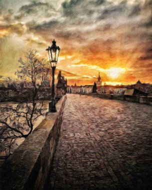 Modern sanat eserleri, Prag Çek Cumhuriyeti, petrol, Avrupa 'nın ünlü eski sokak manzarası, güzel eski antika evler, tuval ya da kağıt poster için tasarım baskısı, turistik üretim