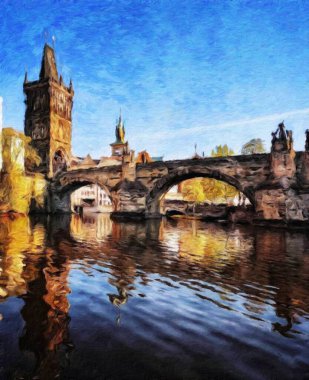 Modern sanat eserleri, Prag Çek Cumhuriyeti, petrol, Avrupa 'nın ünlü eski sokak manzarası, güzel eski antika evler, tuval ya da kağıt poster için tasarım baskısı, turistik üretim