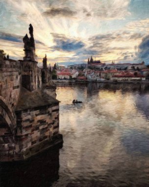 Modern sanat eserleri, Prag Çek Cumhuriyeti, petrol, Avrupa 'nın ünlü eski sokak manzarası, güzel eski antika evler, tuval ya da kağıt poster için tasarım baskısı, turistik üretim