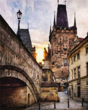 Modern sanat eserleri, Prag Çek Cumhuriyeti, petrol, Avrupa 'nın ünlü eski sokak manzarası, güzel eski antika evler, tuval ya da kağıt poster için tasarım baskısı, turistik üretim