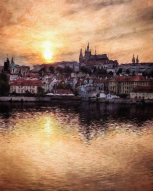 Modern sanat eserleri, Prag Çek Cumhuriyeti, petrol, Avrupa 'nın ünlü eski sokak manzarası, güzel eski antika evler, tuval ya da kağıt poster için tasarım baskısı, turistik üretim