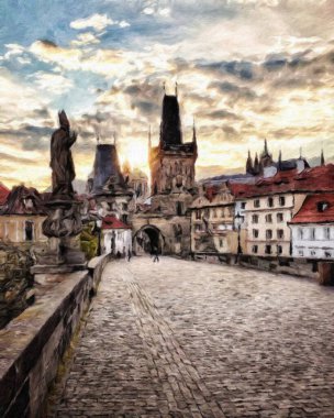 Modern sanat eserleri, Prag Çek Cumhuriyeti, petrol, Avrupa 'nın ünlü eski sokak manzarası, güzel eski antika evler, tuval ya da kağıt poster için tasarım baskısı, turistik üretim