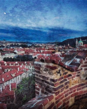 Modern sanat eserleri, Prag Çek Cumhuriyeti, petrol, Avrupa 'nın ünlü eski sokak manzarası, güzel eski antika evler, tuval ya da kağıt poster için tasarım baskısı, turistik üretim