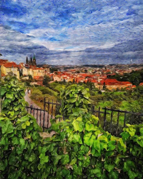 Modern sanat eserleri, Prag Çek Cumhuriyeti, petrol, Avrupa 'nın ünlü eski sokak manzarası, güzel eski antika evler, tuval ya da kağıt poster için tasarım baskısı, turistik üretim
