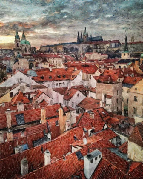 Modern sanat eserleri, Prag Çek Cumhuriyeti, petrol, Avrupa 'nın ünlü eski sokak manzarası, güzel eski antika evler, tuval ya da kağıt poster için tasarım baskısı, turistik üretim