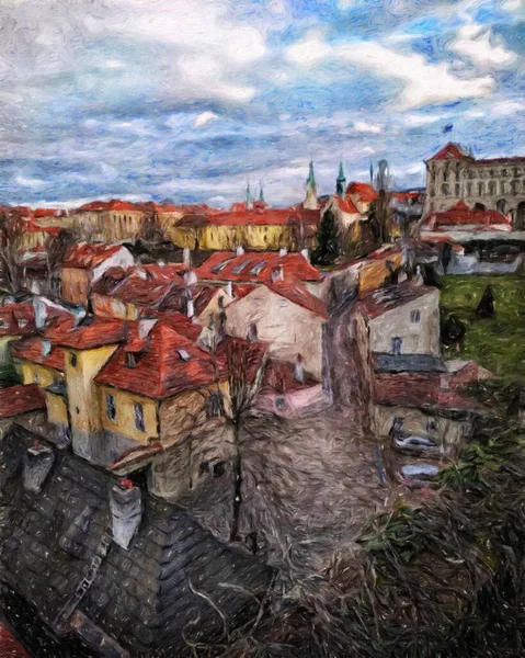 Modern sanat eserleri, Prag Çek Cumhuriyeti, petrol, Avrupa 'nın ünlü eski sokak manzarası, güzel eski antika evler, tuval ya da kağıt poster için tasarım baskısı, turistik üretim