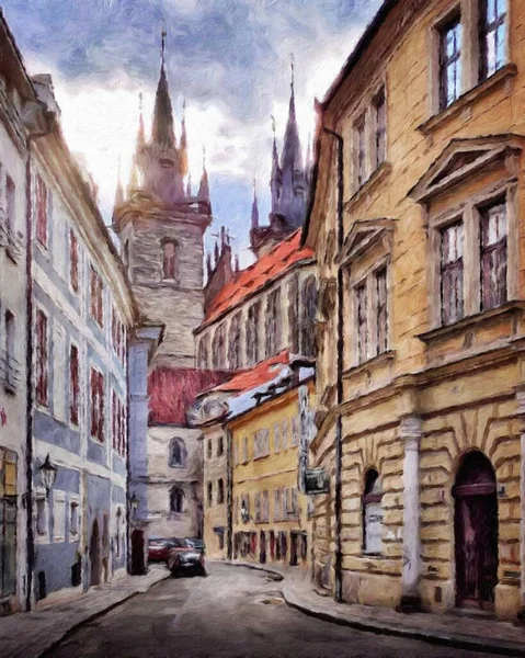 数码绘画现代艺术艺术品 布拉格捷克 油画欧洲著名的老街景 漂亮的老式房子 帆布或纸制海报的设计图 旅游制作 — 图库照片