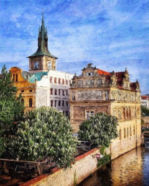 数码绘画现代艺术艺术品 布拉格捷克 油画欧洲著名的老街景 漂亮的老式房子 帆布或纸制海报的设计图 旅游制作 — 图库照片