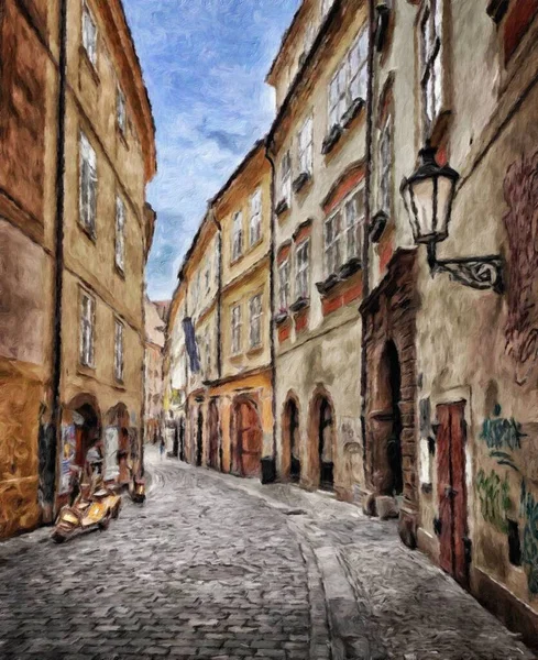 デジタル絵画現代美術 プラハチェコ 石油で描くヨーロッパの有名な古い通りの景色 美しい古いヴィンテージの家 キャンバスや紙のポスターのためのデザインプリント 観光生産 — ストック写真