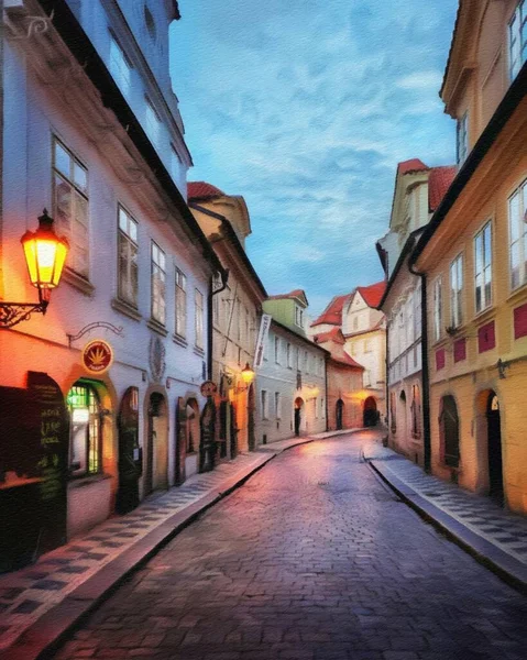 デジタル絵画現代美術 プラハチェコ 石油で描くヨーロッパの有名な古い通りの景色 美しい古いヴィンテージの家 キャンバスや紙のポスターのためのデザインプリント 観光生産 — ストック写真