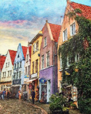 Renkli resim modern sanat eserleri, gerçek fırça darbeleri, yağlı Avrupa 'nın ünlü sokak manzarası, güzel eski antika evler, tuval veya kağıt poster için tasarım baskısı, turistik ürün