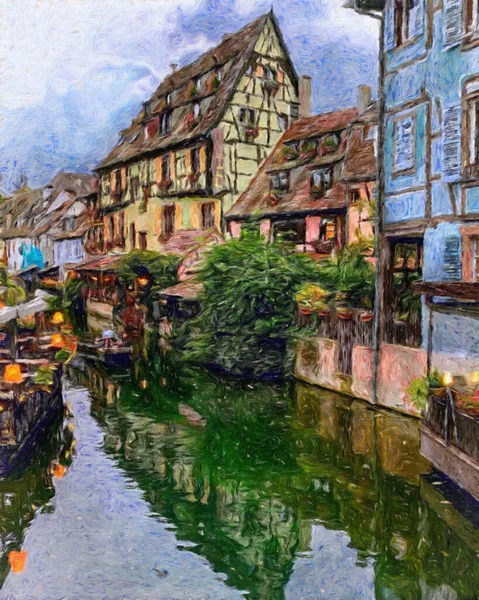 Colorful painting modern artistic artwork, real brush strokes, drawing in oil European famous old street view, beautiful old vintage houses, design print for canvas or paper poster, touristic product