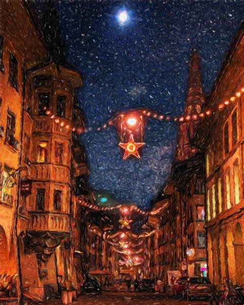 Renkli resim modern sanat eserleri, gerçek fırça darbeleri, yağlı Avrupa 'nın ünlü sokak manzarası, güzel eski antika evler, tuval veya kağıt poster için tasarım baskısı, turistik ürün