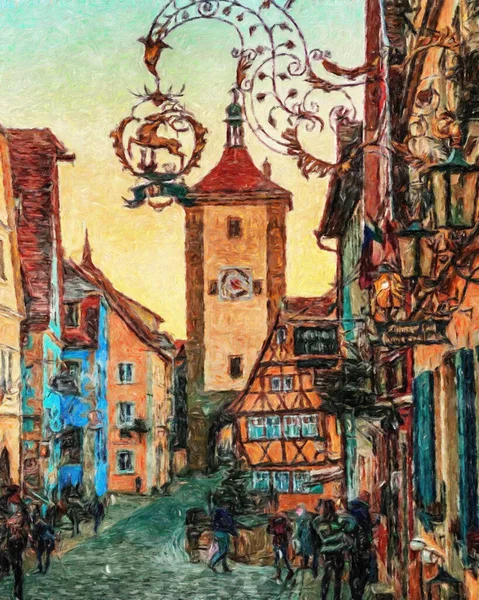 色彩艳丽的绘画现代艺术艺术品 真正的笔画 油画欧洲著名的老街风景 漂亮的老式房子 帆布或纸制海报的设计图 旅游产品 — 图库照片