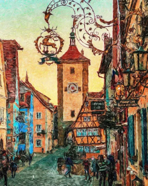 Renkli resim modern sanat eserleri, gerçek fırça darbeleri, yağlı Avrupa 'nın ünlü sokak manzarası, güzel eski antika evler, tuval veya kağıt poster için tasarım baskısı, turistik ürün