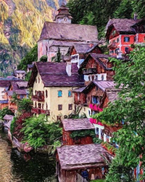 Renkli resim modern sanat eserleri, gerçek fırça darbeleri, yağlı Avrupa 'nın ünlü sokak manzarası, güzel eski antika evler, tuval veya kağıt poster için tasarım baskısı, turistik ürün