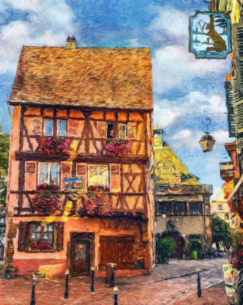 Renkli resim modern sanat eserleri, gerçek fırça darbeleri, yağlı Avrupa 'nın ünlü sokak manzarası, güzel eski antika evler, tuval veya kağıt poster için tasarım baskısı, turistik ürün