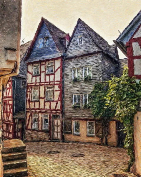 Renkli resim modern sanat eserleri, gerçek fırça darbeleri, yağlı Avrupa 'nın ünlü sokak manzarası, güzel eski antika evler, tuval veya kağıt poster için tasarım baskısı, turistik ürün