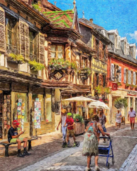 Renkli resim modern sanat eserleri, gerçek fırça darbeleri, yağlı Avrupa 'nın ünlü sokak manzarası, güzel eski antika evler, tuval veya kağıt poster için tasarım baskısı, turistik ürün