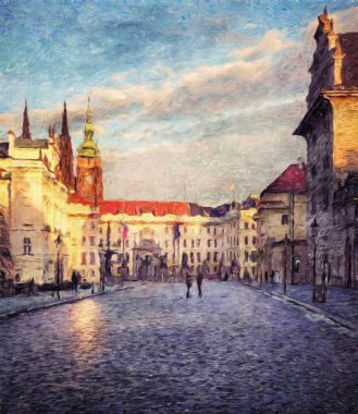 Modern sanat eserleri, Prag Çek Cumhuriyeti, petrol, Avrupa 'nın ünlü eski sokak manzarası, güzel eski antika evler, tuval ya da kağıt poster için tasarım baskısı, turistik üretim