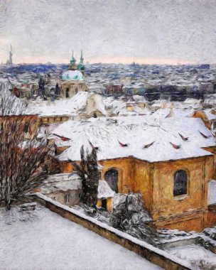 Modern sanat eserleri, Prag Çek Cumhuriyeti, petrol, Avrupa 'nın ünlü eski sokak manzarası, güzel eski antika evler, tuval ya da kağıt poster için tasarım baskısı, turistik üretim