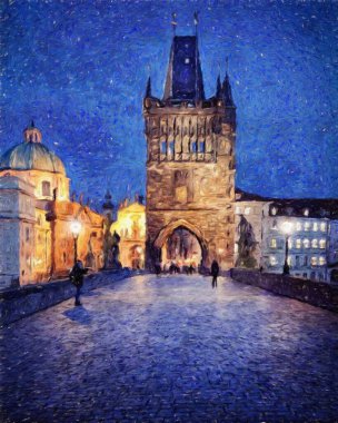Modern sanat eserleri, Prag Çek Cumhuriyeti, petrol, Avrupa 'nın ünlü eski sokak manzarası, güzel eski antika evler, tuval ya da kağıt poster için tasarım baskısı, turistik üretim
