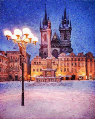 Modern sanat eserleri, Prag Çek Cumhuriyeti, petrol, Avrupa 'nın ünlü eski sokak manzarası, güzel eski antika evler, tuval ya da kağıt poster için tasarım baskısı, turistik üretim