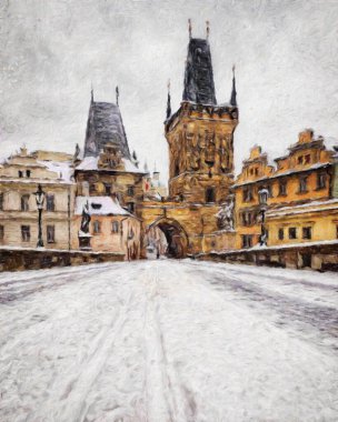 Modern sanat eserleri, Prag Çek Cumhuriyeti, petrol, Avrupa 'nın ünlü eski sokak manzarası, güzel eski antika evler, tuval ya da kağıt poster için tasarım baskısı, turistik üretim