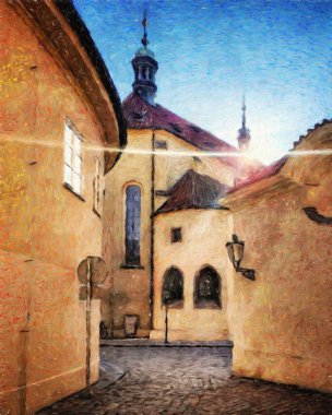 Modern sanat eserleri, Prag Çek Cumhuriyeti, petrol, Avrupa 'nın ünlü eski sokak manzarası, güzel eski antika evler, tuval ya da kağıt poster için tasarım baskısı, turistik üretim