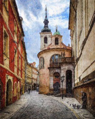 Modern sanat eserleri, Prag Çek Cumhuriyeti, petrol, Avrupa 'nın ünlü eski sokak manzarası, güzel eski antika evler, tuval ya da kağıt poster için tasarım baskısı, turistik üretim
