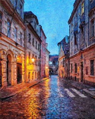 Modern sanat eserleri, Prag Çek Cumhuriyeti, petrol, Avrupa 'nın ünlü eski sokak manzarası, güzel eski antika evler, tuval ya da kağıt poster için tasarım baskısı, turistik üretim
