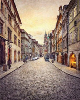 Modern sanat eserleri, Prag Çek Cumhuriyeti, petrol, Avrupa 'nın ünlü eski sokak manzarası, güzel eski antika evler, tuval ya da kağıt poster için tasarım baskısı, turistik üretim