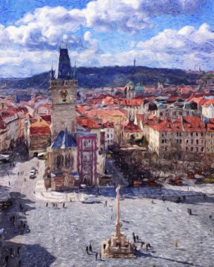 Modern sanat eserleri, Prag Çek Cumhuriyeti, petrol, Avrupa 'nın ünlü eski sokak manzarası, güzel eski antika evler, tuval ya da kağıt poster için tasarım baskısı, turistik üretim