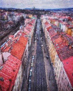 Modern sanat eserleri, Prag Çek Cumhuriyeti, petrol, Avrupa 'nın ünlü eski sokak manzarası, güzel eski antika evler, tuval ya da kağıt poster için tasarım baskısı, turistik üretim