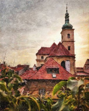 Modern sanat eserleri, Prag Çek Cumhuriyeti, petrol, Avrupa 'nın ünlü eski sokak manzarası, güzel eski antika evler, tuval ya da kağıt poster için tasarım baskısı, turistik üretim